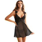 SUBBLIME - BABYDOLL TULLE FABRIC WITH LACE AND FLOWER DETAIL BLACK L/XL